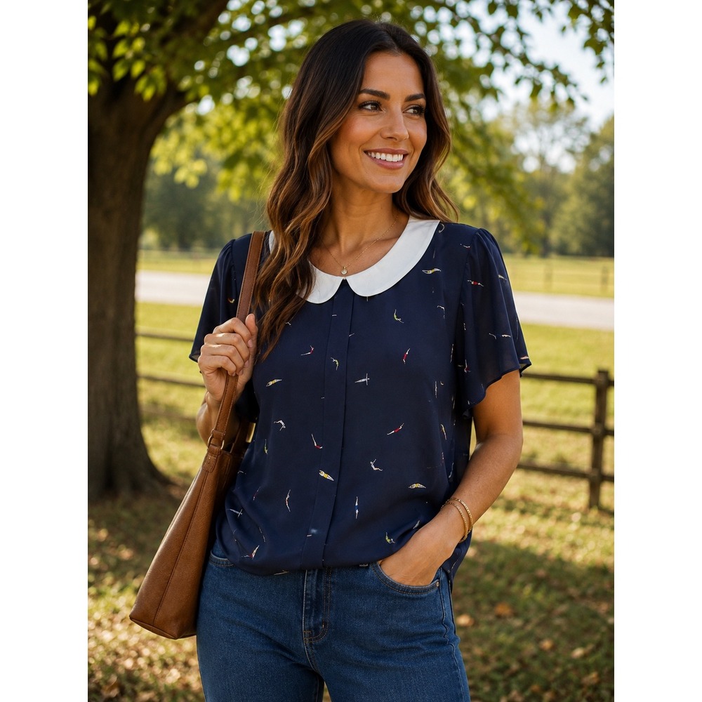 CeCe Navy Swimmer Print Peter Pan Collar Blouse XL Short Sleeve Pleated Front